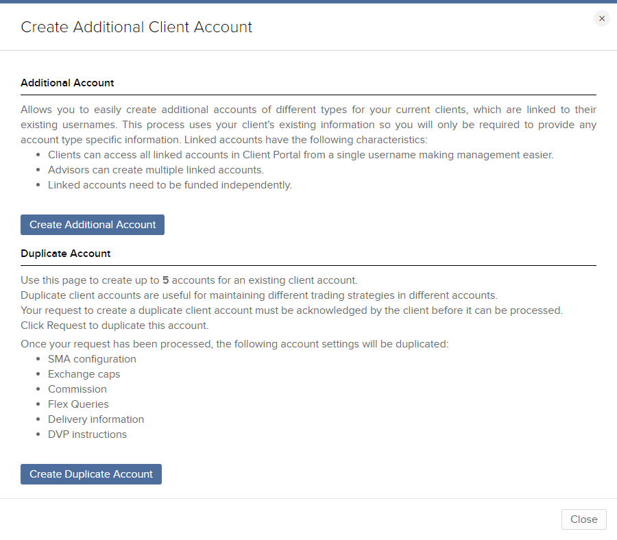 Image of the create additional client account panel in portal. 
